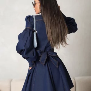 Clacive Fashion Slim Blue Denim Women's Dress - Elegant Stand Collar Mini Dress