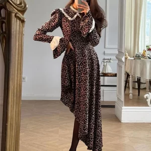 Clacive Fashion Slim Print Women's Elegant Lapel Midi Dress