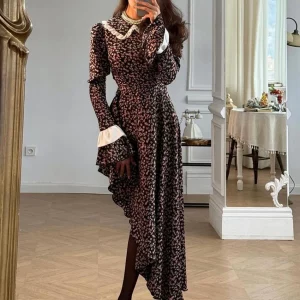 Clacive Fashion Slim Print Women's Elegant Lapel Midi Dress