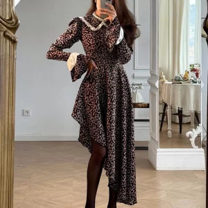 Clacive Fashion Slim Print Women's Elegant Lapel Midi Dress