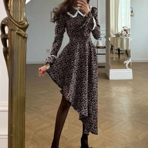 Clacive Fashion Slim Print Women's Elegant Lapel Midi Dress