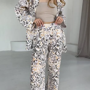 Clacive Fashion Stripe Print 2-Piece Set Women Outfit - Elegant Long Sleeve Shirt & Wide Pants Set