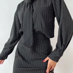 Clacive Fashion Stripe Print 2-Piece Women's Outfit - 2024 Elegant Long Sleeve Tie Shirt & High