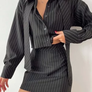 Clacive Fashion Stripe Print 2-Piece Women's Outfit - 2024 Elegant Long Sleeve Tie Shirt & High