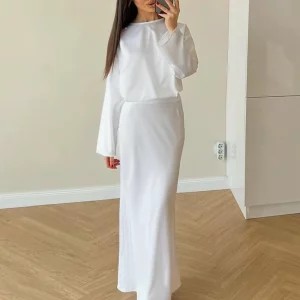 Clacive Fashion White 2-Piece Women's Outfit 2024 | Elegant Long Sleeve Shirt & High Waist Sk