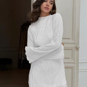 Clacive Fashion White Pleated Women's Dress 2024 - Casual O-Neck Long Sleeve Mini Dress