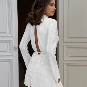 Clacive Fashion White Pleated Women's Dress 2024 - Casual O-Neck Long Sleeve Mini Dress