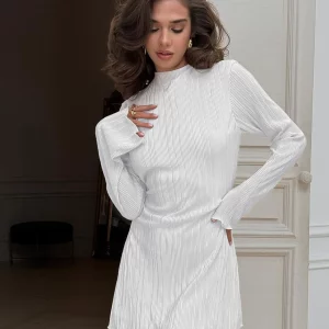 Clacive Fashion White Pleated Women's Dress 2024 - Casual O-Neck Long Sleeve Mini Dress