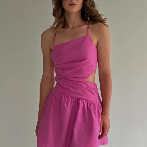 Clacive Pink Cotton Women's Dress 2024 | Summer Sleeveless Mini Dress with Lace-Up Back