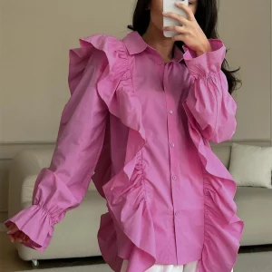 Clacive Pink Cotton Women's Shirt 2024 | Elegant Lapel Blouse