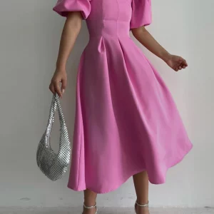 Clacive Pink Women's Summer Dress 2024 | Square Collar Puff Sleeve | Ankle-Length | High Waist