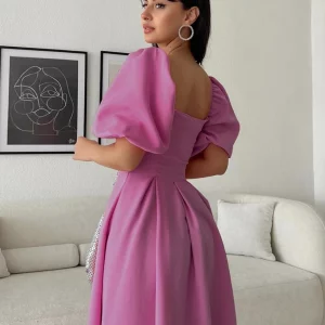 Clacive Pink Women's Summer Dress 2024 | Square Collar Puff Sleeve | Ankle-Length | High Waist