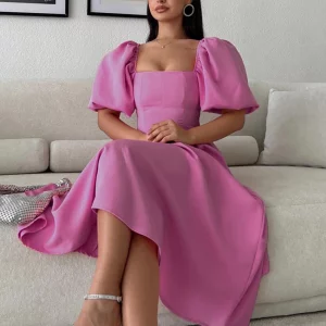 Clacive Pink Women's Summer Dress 2024 | Square Collar Puff Sleeve | Ankle-Length | High Waist