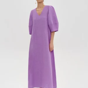 Clacive Purple Cotton Women's Summer Dress 2024 | V-Neck Half Sleeve Ankle-Length Elegant Classic