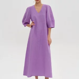 Clacive Purple Cotton Women's Summer Dress 2024 | V-Neck Half Sleeve Ankle-Length Elegant Classic