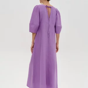 Clacive Purple Cotton Women's Summer Dress 2024 | V-Neck Half Sleeve Ankle-Length Elegant Classic