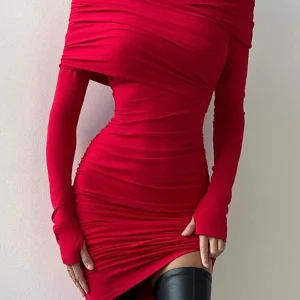 Clacive Red Knitted Bodycon Dress | 2024 Fashion | Elegant Slash Neck Mini Dress | Ruched