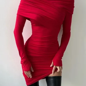 Clacive Red Knitted Bodycon Dress | 2024 Fashion | Elegant Slash Neck Mini Dress | Ruched