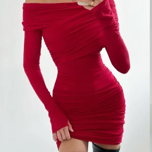 Clacive Red Knitted Bodycon Dress | 2024 Fashion | Elegant Slash Neck Mini Dress | Ruched