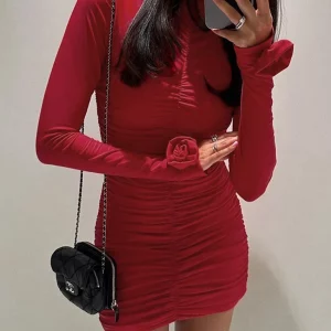 Clacive Red Knitted Bodycon Dress | 2024 Fashion Stand Collar Mini Dress | Elegant Ruched