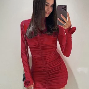 Clacive Red Knitted Bodycon Dress | 2024 Fashion Stand Collar Mini Dress | Elegant Ruched