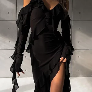 Clacive Sexy Slim Black Women's Summer Dress 2024 | Elegant Ruffle Midi Streetwear