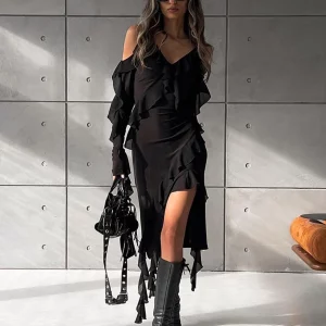 Clacive Sexy Slim Black Women's Summer Dress 2024 | Elegant Ruffle Midi Streetwear