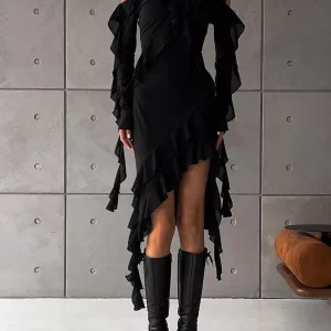 Clacive Sexy Slim Black Women's Summer Dress 2024 | Elegant Ruffle Midi Streetwear