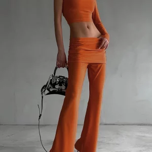 Clacive Sexy Slim Orange Knitted 2-Piece Women's Outfit 2024 Fashion Streetwear