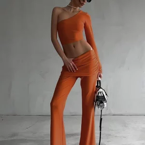 Clacive Sexy Slim Orange Knitted 2-Piece Women's Outfit 2024 Fashion Streetwear