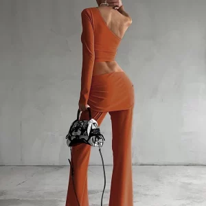 Clacive Sexy Slim Orange Knitted 2-Piece Women's Outfit 2024 Fashion Streetwear