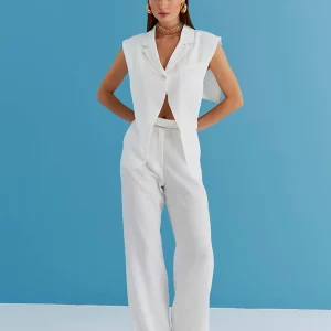 Clacive Sexy Slim White 2-Piece Women's Outfit 2024 Summer Tank Top & Wide Pants Set