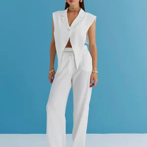 Clacive Sexy Slim White 2-Piece Women's Outfit 2024 Summer Tank Top & Wide Pants Set