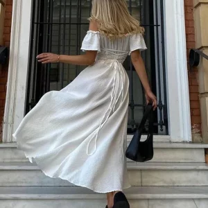 Clacive Sexy Slim White Summer Dress | V-Neck Ankle-Length Lace-Up Waist Dress