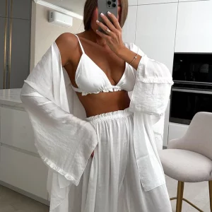 Clacive Sexy White 3-Piece Women's Outfit 2024 Fashion Long Sleeve Robes + Bra Set