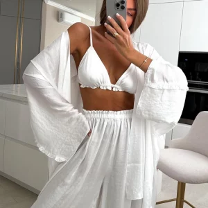 Clacive Sexy White 3-Piece Women's Outfit 2024 Fashion Long Sleeve Robes + Bra Set