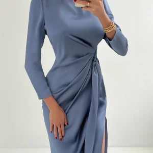 Clacive Slim Blue Satin Bodycon Dress with Lace-Up Detail