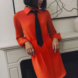 Clacive Slim Red Office Dress 2024 - Elegant Lapel Long Sleeve Mini Dress