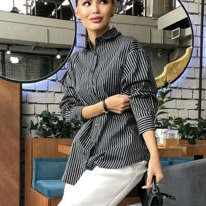 Clacive Stripe Print Women's Blouse | Elegant Lapel Long Sleeve Shirt