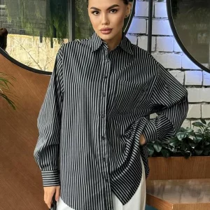 Clacive Stripe Print Women's Blouse | Elegant Lapel Long Sleeve Shirt