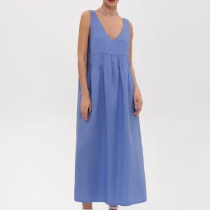 Clacive Summer Blue Cotton Women's V-Neck Sleeveless Dress