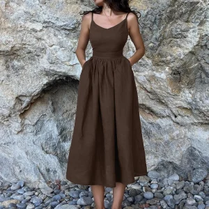 Clacive Summer Brown Cotton Women's Midi Dress - Elegant Sleeveless High Waist Pleated Female Dress