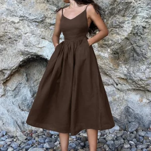 Clacive Summer Brown Cotton Women's Midi Dress - Elegant Sleeveless High Waist Pleated Female Dress