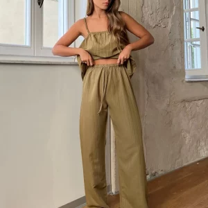 Clacive Summer Khaki 2-Piece Women's Outfit 2024 - Sleeveless Tank Top & High Waist