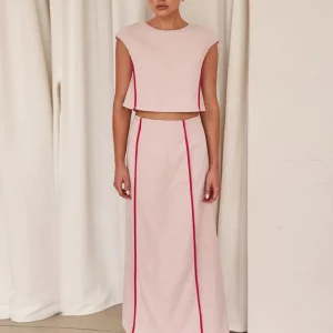 Clacive Summer Pink Skirt Set 2024 | Fashion Sleeveless Crop Top & High Waist Long Skirt | Women