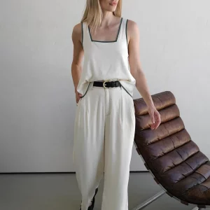 Clacive Summer White 2-Piece Women's Outfit: Sleeveless Tank Top & High Waist Wide Pants Set