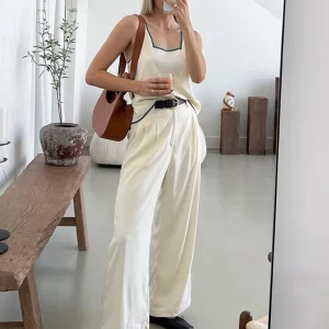 Clacive Summer White 2-Piece Women's Outfit: Sleeveless Tank Top & High Waist Wide Pants Set