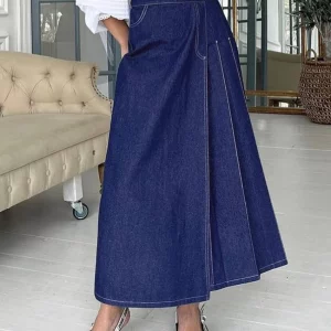 Clacive Vintage High Waist Blue Denim Skirt - Elegant Women's Long Slit Skirt