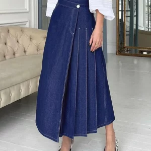 Clacive Vintage High Waist Blue Denim Skirt - Elegant Women's Long Slit Skirt