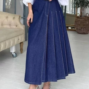 Clacive Vintage High Waist Blue Denim Skirt - Elegant Women's Long Slit Skirt